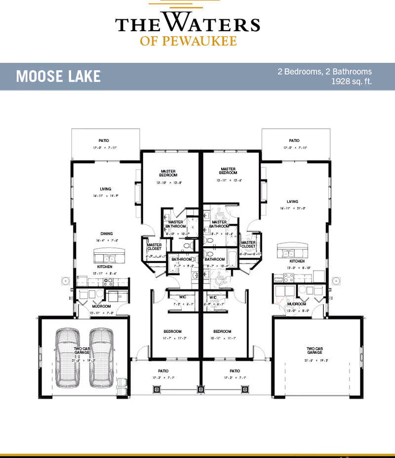 Architectural floor plan of a residential unit named Moose Lake at The Waters of Pewaukee, showing layout with 2 bedrooms, 2 bathrooms, living and dining areas, kitchens, mudrooms, master closets, patios, and two-car garages.