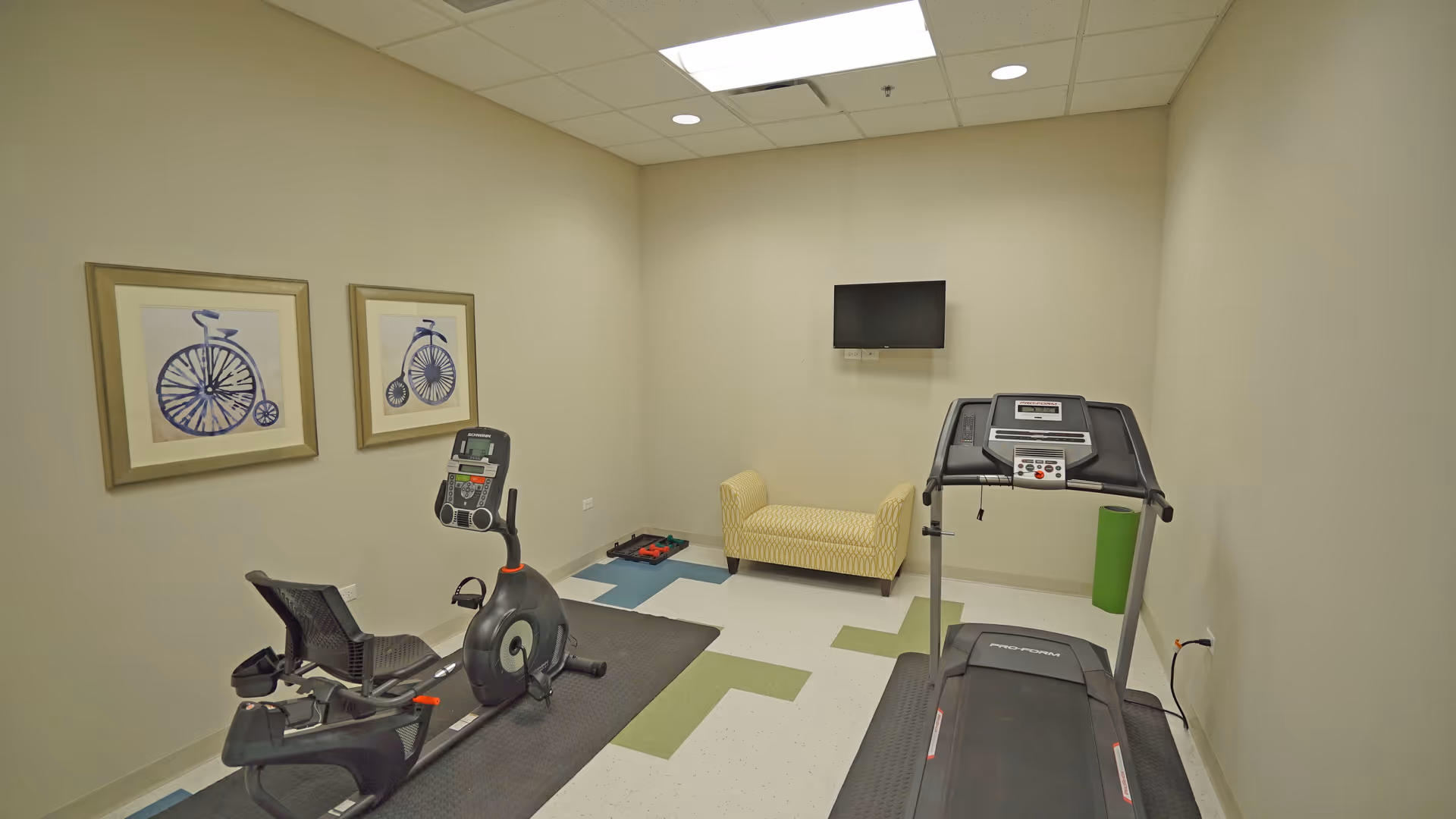 A small exercise room with a recumbent stationary bike and a treadmill on a patterned floor. There are two framed pictures of vintage bicycles on the left wall, a small yellow bench against the back wall, a wall-mounted TV above the bench, and a green trash bin in the corner.