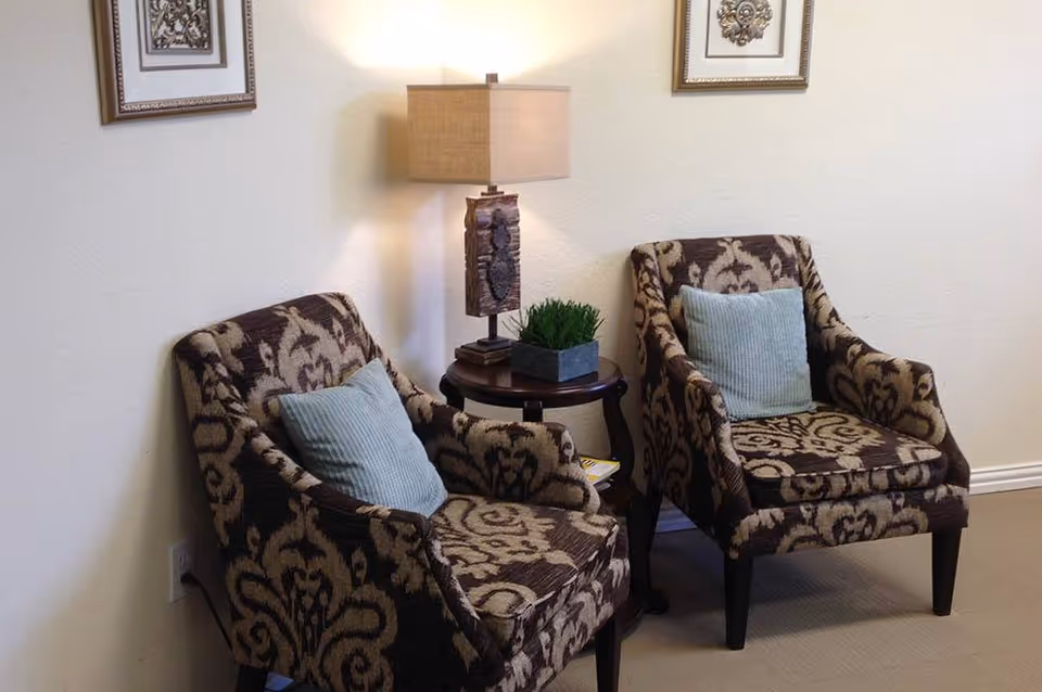Two patterned armchairs with light blue cushions are placed side by side in a corner of a room. Between them is a small round wooden table with a decorative lamp and a small green plant. The wall behind is plain and light-colored, with two framed artworks hanging above the chairs.