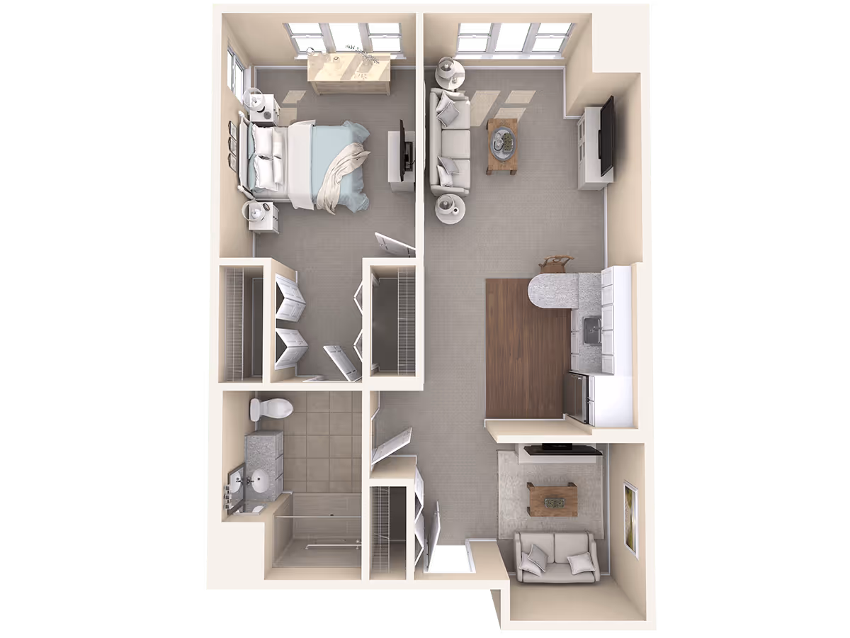 3D floor plan of an apartment featuring a bedroom with a bed and dresser, a bathroom with a toilet, sink, and shower, a living room with a sofa, coffee table, and TV, and a kitchen area with cabinets, sink, and appliances. The layout includes closets and windows in the bedroom and living room areas.
