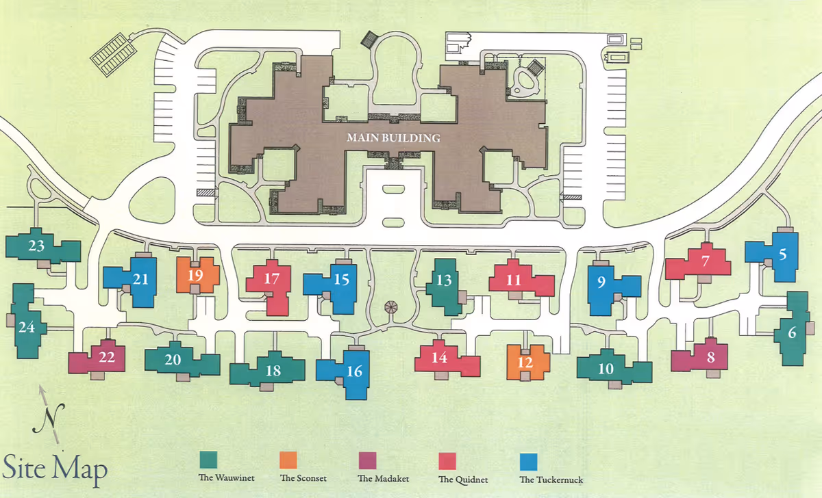 Site map of Sherburne Commons showing the layout of the main building and surrounding numbered residential buildings. The map includes a color-coded legend indicating different building types: The Wauwinet in green, The Sconset in orange, The Madaket in red, The Quidnet in pink, and The Tuckernuck in blue. Roads, parking areas, and pathways are also depicted.