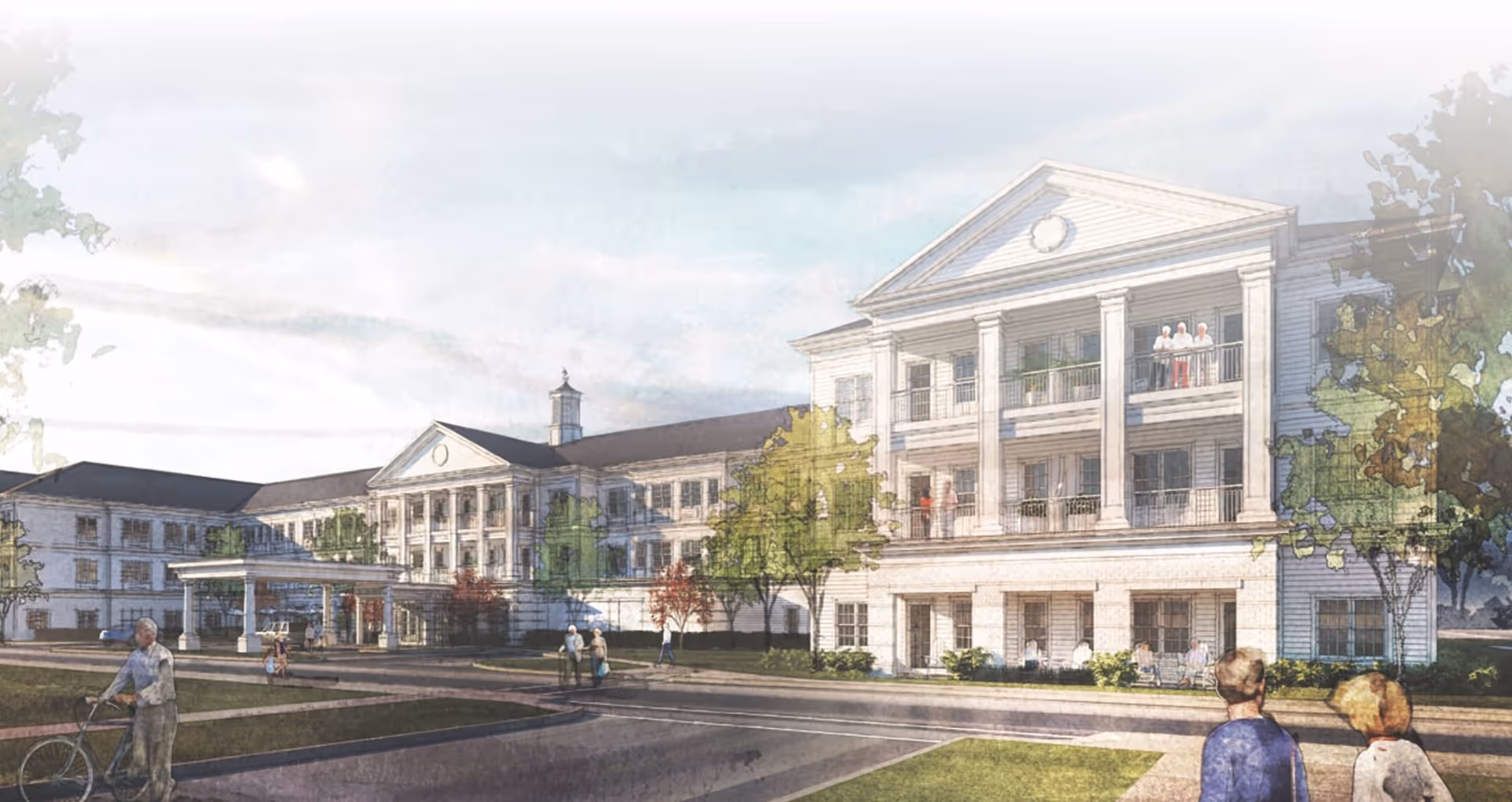 Rendering of a large, white senior living facility building with classical architectural elements including columns and balconies. Several elderly people are seen walking, sitting, and standing around the building and on the balconies. The scene is set in a landscaped outdoor area with trees and pathways under a partly cloudy sky.