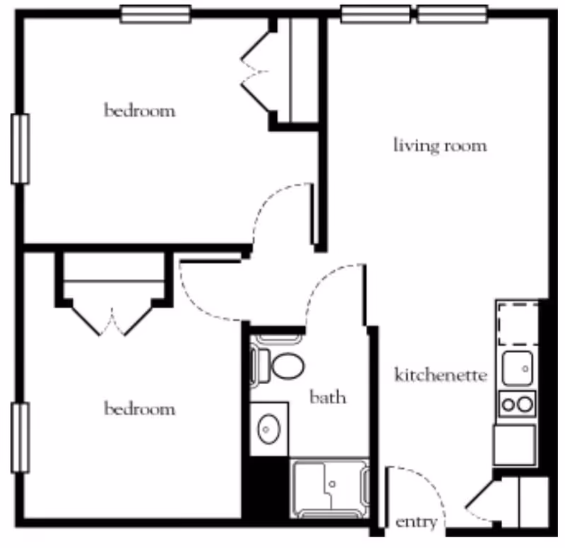 Floor plan of a living space showing two bedrooms, a living room, a kitchenette, a bathroom, and an entry area.