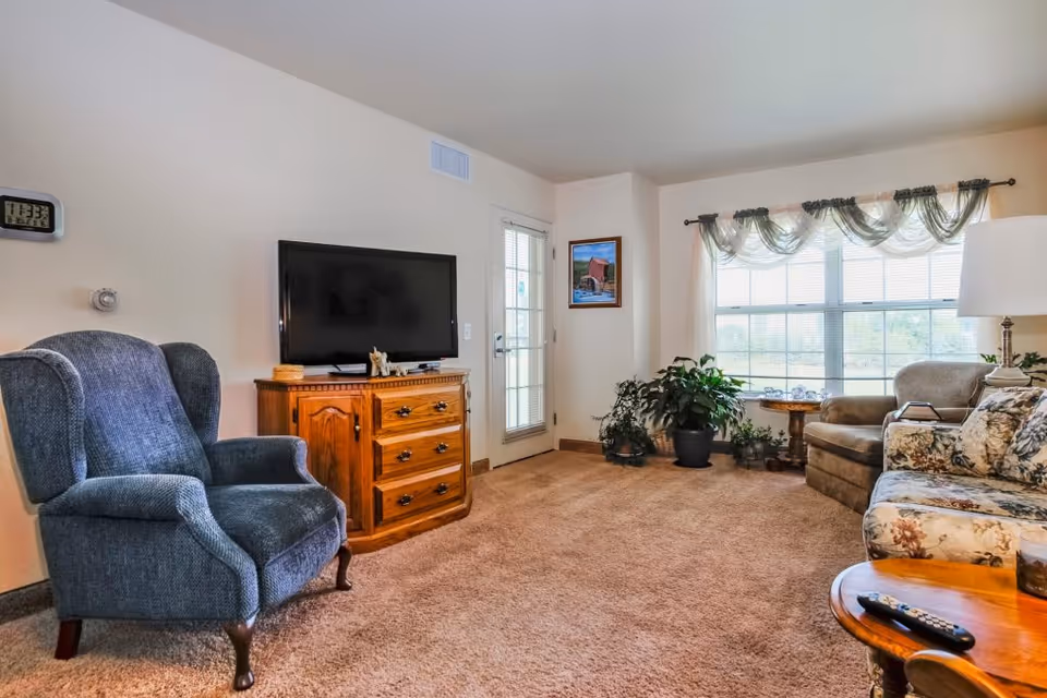 A cozy living room with a blue upholstered armchair, a wooden TV stand with a flat-screen television, a large window with sheer curtains, several potted plants, a floral patterned sofa, a beige armchair, and a wooden side table with a lamp and remote controls.