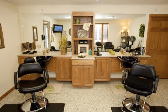 Interior view of a salon area with two black salon chairs in front of wooden cabinets and sinks. A large mirror spans the wall behind the chairs, reflecting the room. The space is well-lit with neutral-colored walls and decorative plants and items on the counter.
