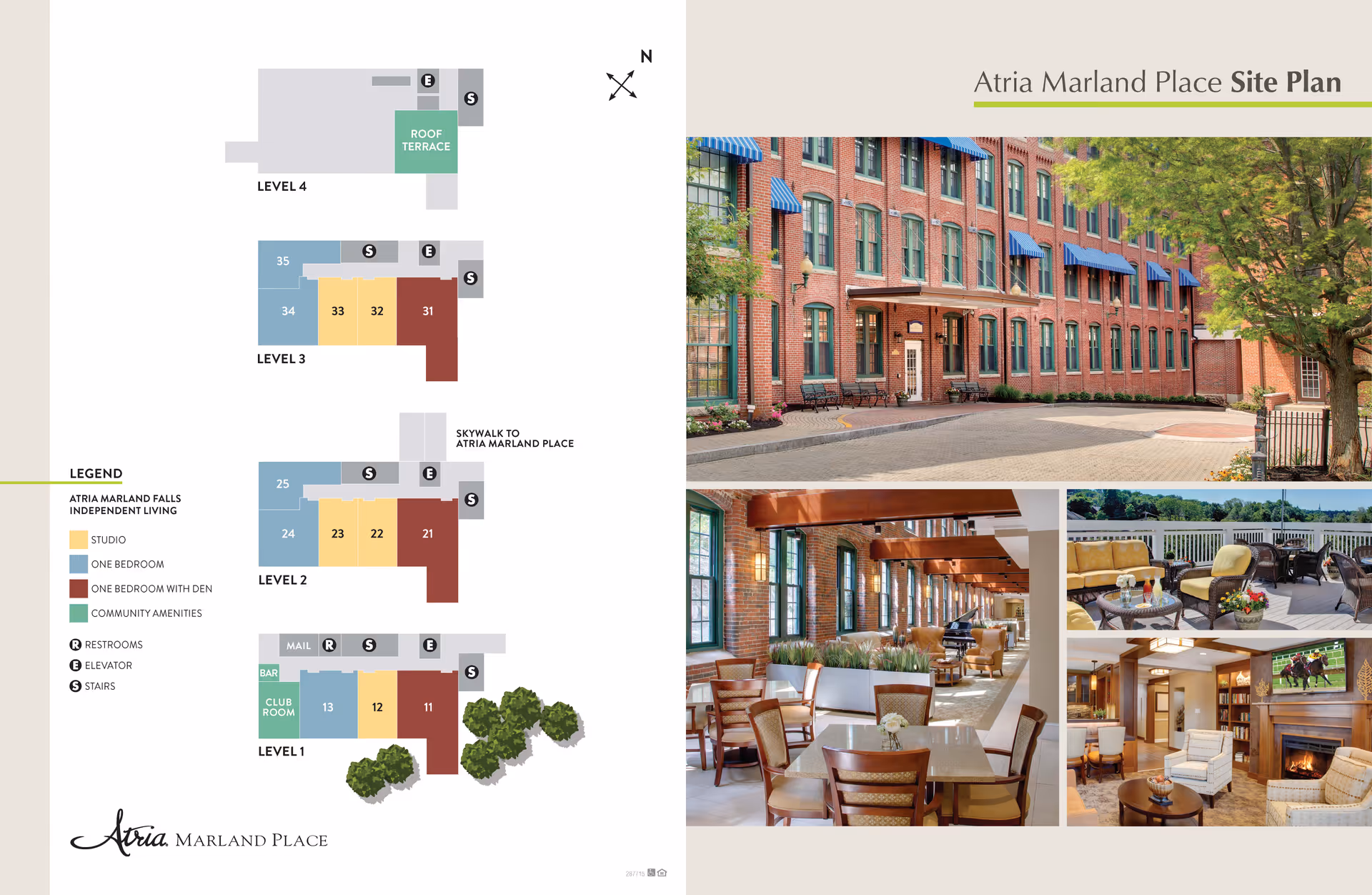 Site plan of Atria Marland Place showing four levels with labeled studio, one bedroom, one bedroom with den, and community amenities. The right side features four photos: an exterior view of a brick building with blue awnings, an indoor dining area with tables and chairs, an outdoor patio with seating and greenery, and a cozy indoor lounge with armchairs and a fireplace.