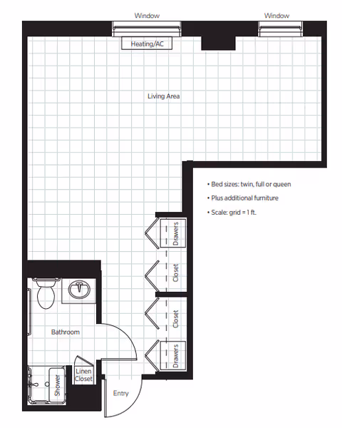 Floor plan of a senior living unit at Belmont Village Senior Living Lincoln Park showing an entry leading to a living area with two windows and heating/AC. The unit includes a bathroom with a shower, toilet, and sink, a linen closet near the entry, and multiple closets and drawers along one wall. The scale grid indicates 1 foot per square, and bed sizes can be twin, full, or queen with additional furniture.
