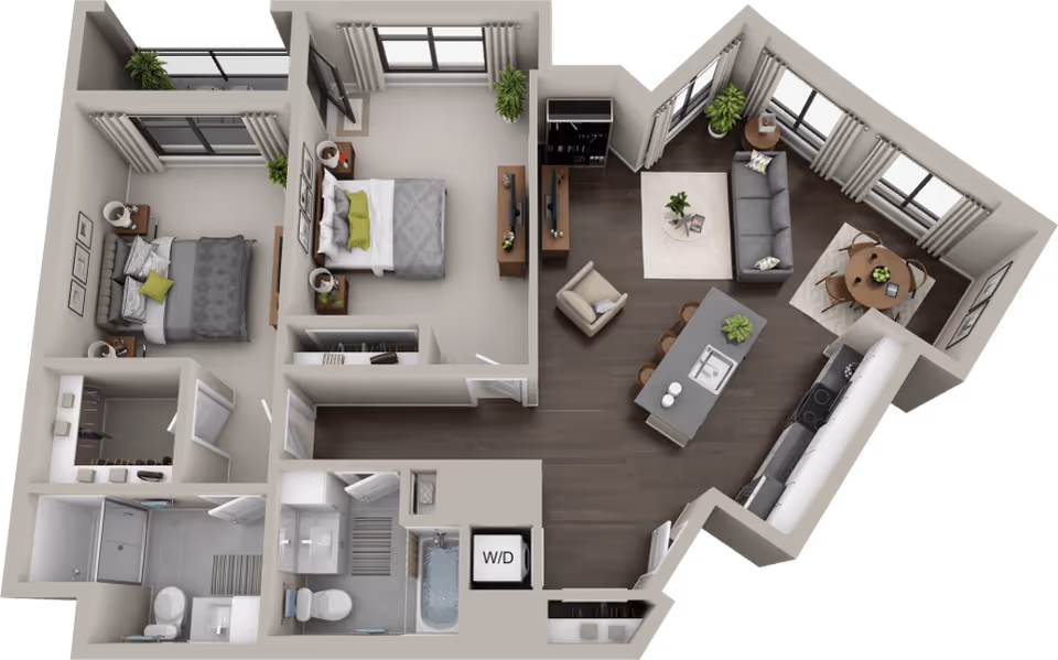 3D floor plan of an apartment featuring two bedrooms, two bathrooms, a living room with a sofa and armchair, a kitchen with an island and bar stools, a dining area with a round table and chairs, and a washer/dryer closet. The bedrooms have beds, nightstands, and windows with curtains. The bathrooms include a shower, bathtub, and toilets. The living and dining areas have large windows with curtains and plants.