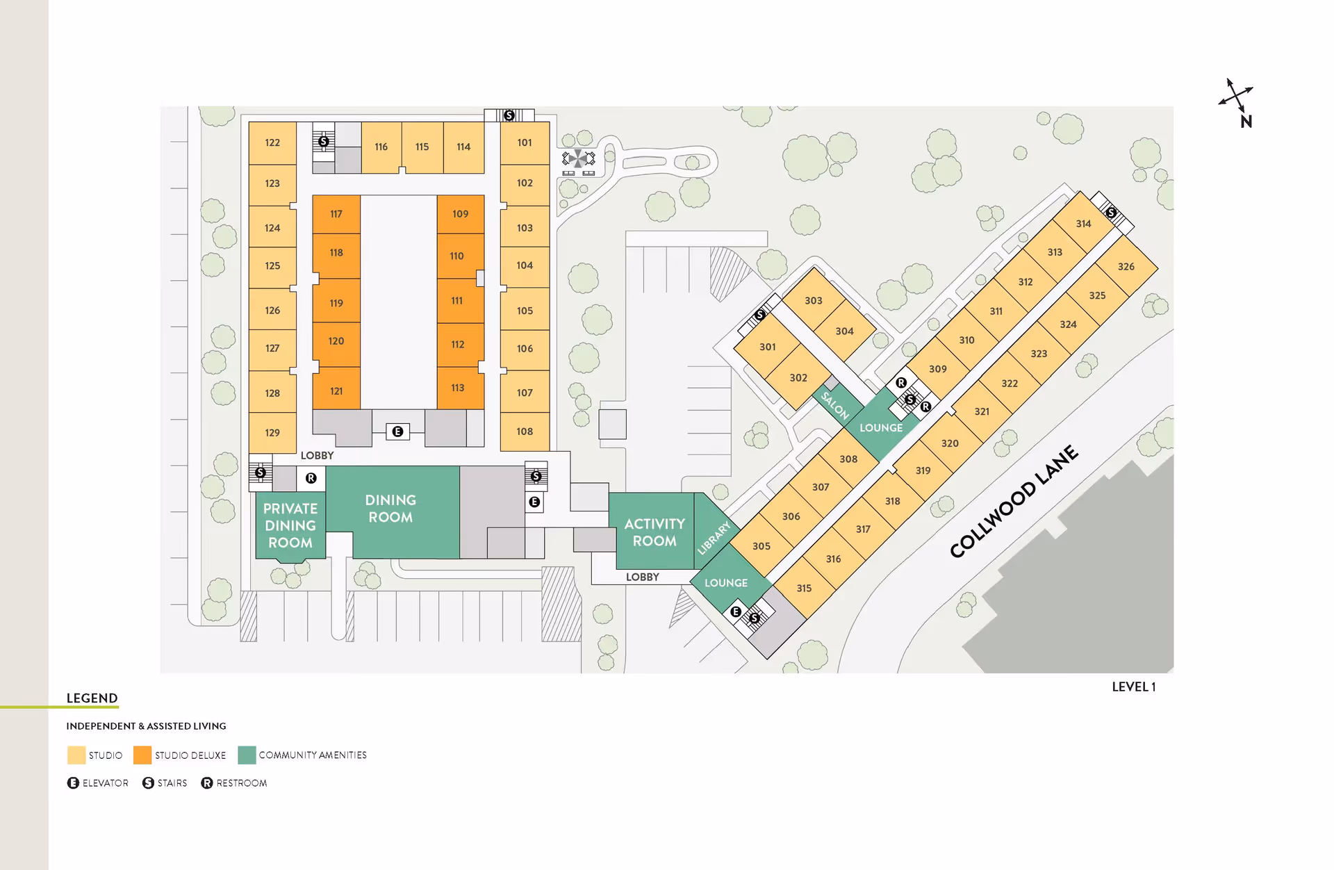 Floor plan of Atria Collwood showing layout of rooms including studio and studio deluxe apartments, private dining room, dining room, activity room, library, lounges, elevators, stairs, and restrooms. The plan also indicates community amenities and is labeled with room numbers and a legend for independent and assisted living.