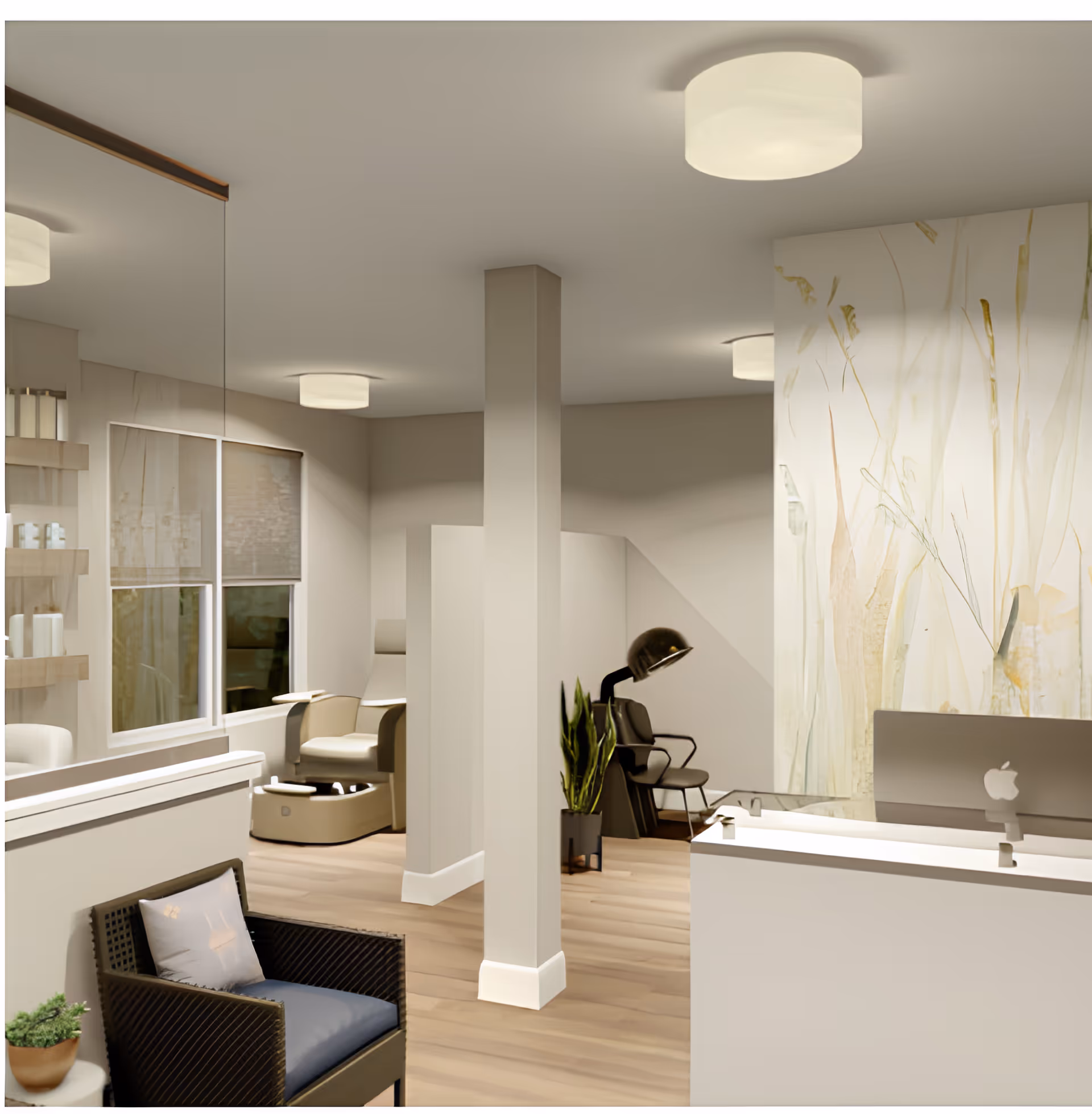 A modern salon area with a reception desk featuring an Apple computer, a wicker chair with a cushion, a pedicure chair near a window, and a hair drying station with a black hooded dryer and chair. The room has light-colored walls, wooden flooring, ceiling lights, and a decorative wall with a nature-inspired design.