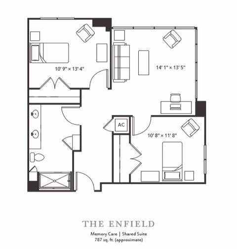 Floor plan of The Enfield memory care shared suite at The Village at The Triangle, approximately 787 square feet. The layout includes two bedrooms, a living room, and a bathroom with double sinks, a toilet, and a shower. Dimensions for each room are provided.