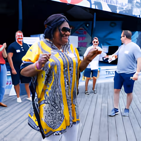 A group of people standing and interacting on a wooden deck outdoors. A woman in the foreground is wearing sunglasses and a colorful yellow and gray patterned top, smiling and gesturing with her hands. Other individuals are casually dressed and engaged in conversation or activities in the background.