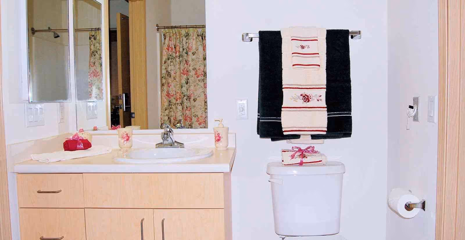 A bathroom with a light wood vanity featuring a white sink and countertop. Above the sink is a mirrored medicine cabinet. To the right, there is a toilet with folded decorative towels on top and a towel rack above holding black and white towels with red floral embroidery. A floral shower curtain is visible in the background.