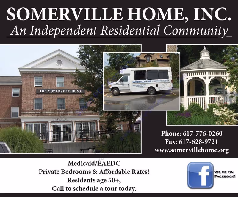 Collage image showing the exterior of Somerville Home, a brick residential building with a sign reading 'The Somerville Home', a white shuttle van with Somerville Home branding parked in a lot, and a white gazebo surrounded by greenery. The image includes contact information and a Facebook icon.