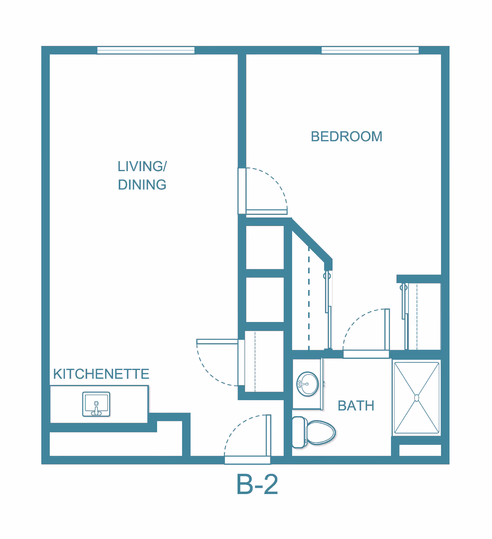 Floor plan layout of a senior living unit labeled B-2 at The Fairmont by Barclay House, showing a living/dining area, kitchenette, bedroom, and bathroom with a shower, toilet, and sink.