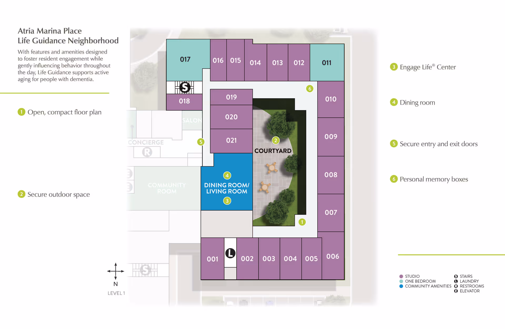 Floor plan of Atria Marina Place Life Guidance Neighborhood showing a central courtyard surrounded by residential units, a dining room/living room area, and community amenities. The plan highlights features such as secure outdoor space, secure entry and exit doors, personal memory boxes, and an Engage Life Center.