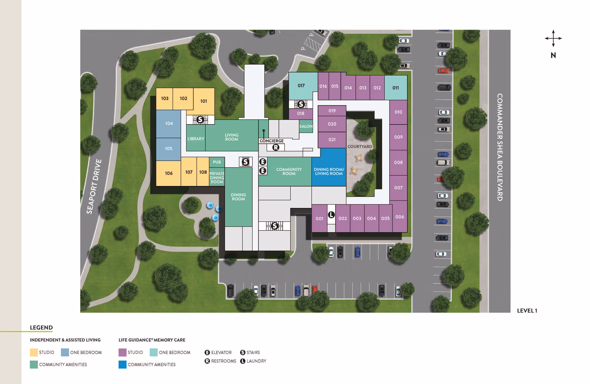 Floor plan of Atria Marina Place showing layout of independent and assisted living areas, life guidance memory care, community amenities, parking lots, and surrounding roads Seaport Drive and Commander Shea Boulevard. The plan includes labeled rooms such as library, living room, pub, private dining room, dining room, concierge, community room, salon, courtyard, and various studio and one-bedroom units. Symbols indicate elevators, stairs, restrooms, and laundry.