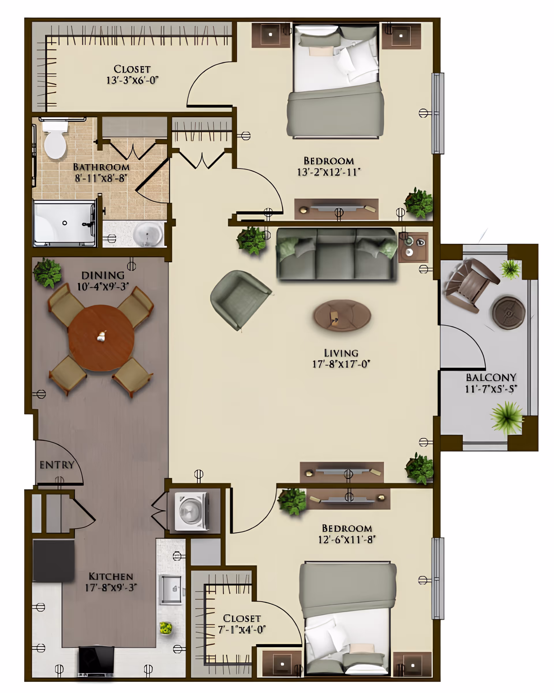 Floor plan of a senior living apartment at Harmony at Tucker Station showing two bedrooms, a bathroom, kitchen, dining area, living room, closets, and a balcony with furniture and plants.