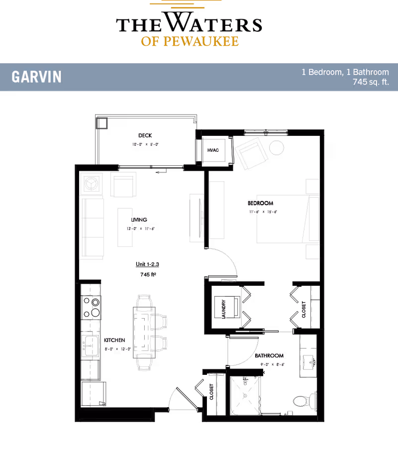 Floor plan of a one-bedroom, one-bathroom apartment named Garvin at The Waters of Pewaukee, showing layout with labeled areas including deck, living room, kitchen, bedroom, bathroom, laundry, and closets.