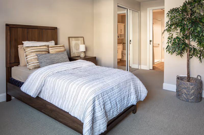 A neatly made single bed with striped bedding and multiple pillows in a bedroom. Next to the bed is a wooden nightstand with a lamp and framed artwork. The room has beige walls and carpeted floor. There is a large potted plant in a woven basket on the right side. In the background, there are two doorways, one with mirrored sliding closet doors and the other leading to a bathroom with visible toilet and shower.