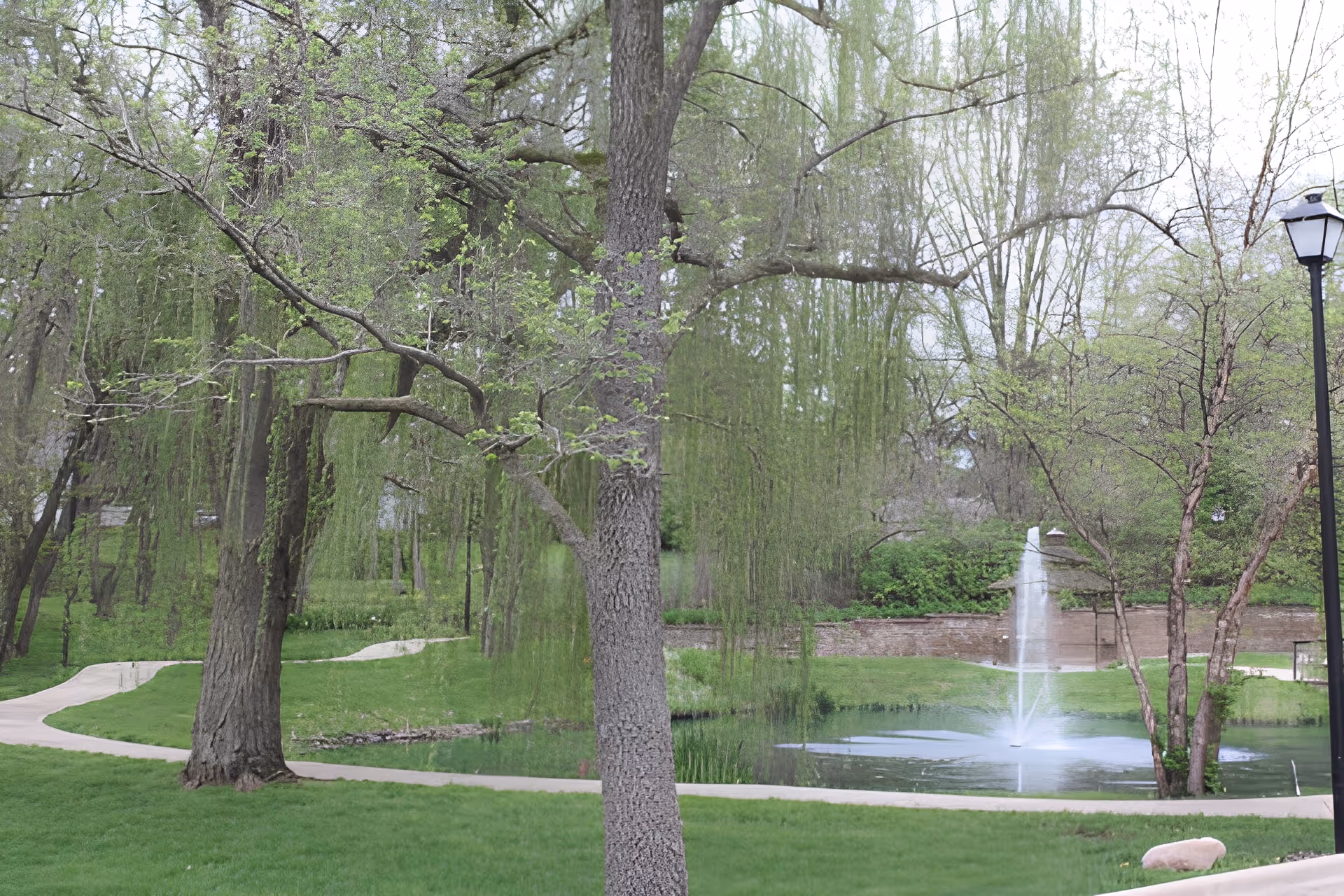 A serene outdoor garden area with a winding paved pathway, lush green grass, tall trees with fresh leaves, a small pond with a water fountain, and a black lamppost on the right side.