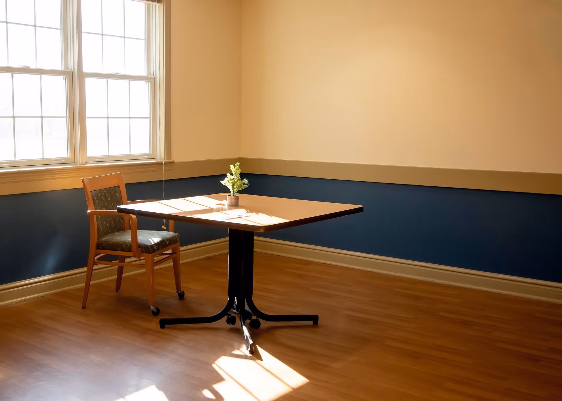 A small wooden table with a single chair on wheels is placed near two large windows. The table has a small potted plant and some papers on it. The room has wooden flooring, beige walls with a blue lower section, and sunlight streaming in through the windows.