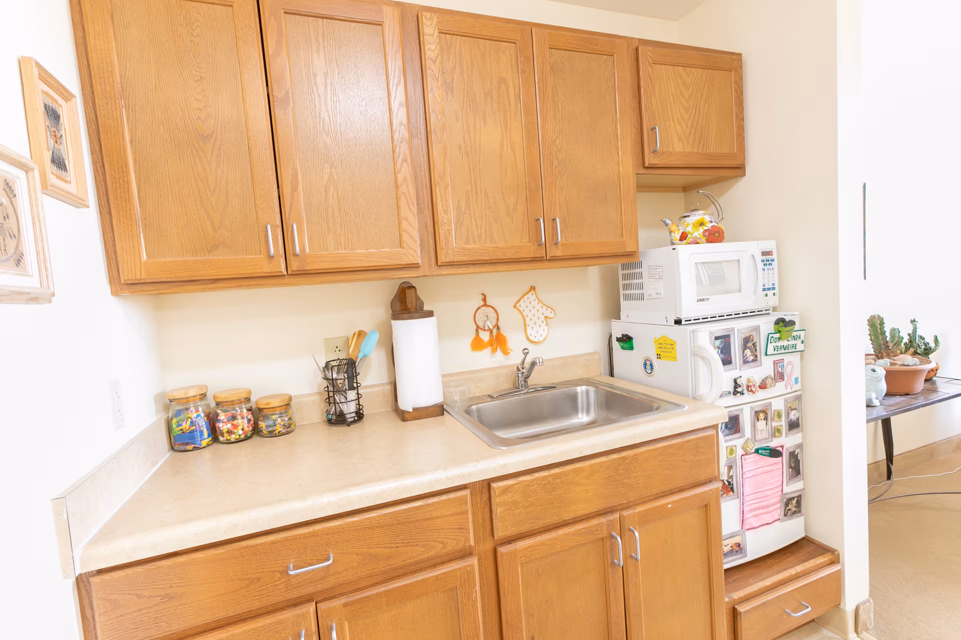 A small kitchen area with wooden cabinets, a countertop with a paper towel holder, utensil holder, and three jars filled with colorful items. There is a stainless steel sink, a white microwave on top of a small refrigerator covered with various magnets and photos. A colorful teapot sits on top of the microwave. In the background, a table with potted plants is partially visible.