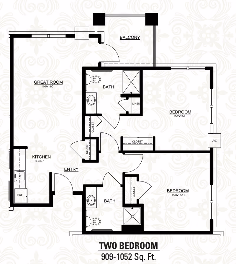 Architectural floor plan of a two-bedroom apartment at Heritage Assisted Living & Memory Care, featuring a great room, kitchen, two bathrooms, closets, linen storage, and a balcony. The layout includes dimensions for each room and labels for each area.