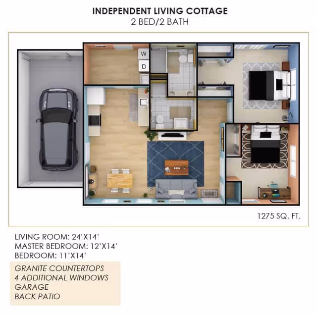 Floor plan of an independent living cottage with 2 bedrooms and 2 bathrooms, including a garage, kitchen, living room, and laundry area. The layout shows a living room with furniture, a kitchen with appliances, two bedrooms with beds, two bathrooms, and a garage with a car. The total area is 1275 square feet.