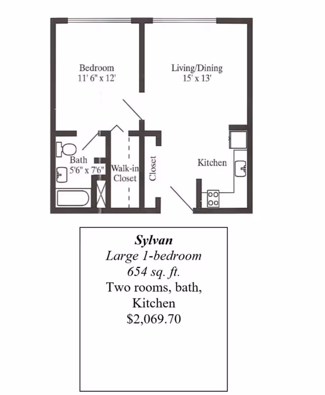 Floor plan of a large 1-bedroom apartment named Sylvan at Schmitt Woodland Hills Retirement Community. The layout includes a bedroom measuring 11 feet 6 inches by 12 feet, a living/dining area measuring 15 feet by 13 feet, a kitchen, a bathroom measuring 5 feet 6 inches by 7 feet 6 inches, a walk-in closet, and an additional closet. The total area is 654 square feet. The rent is $2,069.70.