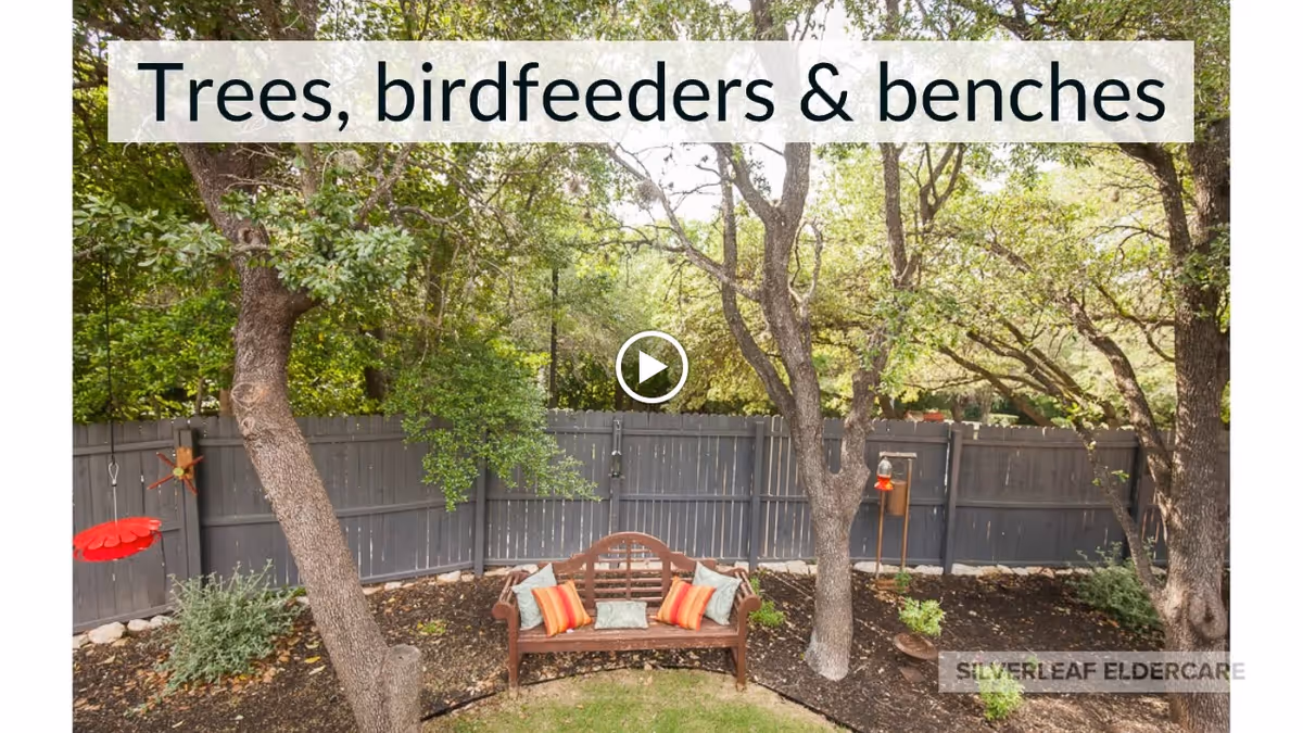 Outdoor garden area with trees, birdfeeders, and a wooden bench with colorful cushions, surrounded by a gray wooden fence.