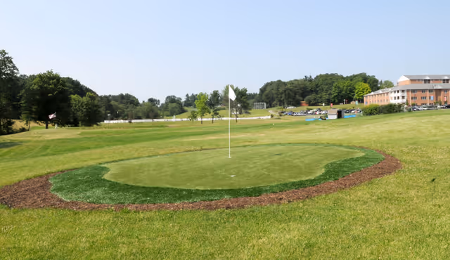 A putting green on a golf course with a white flag in the hole, surrounded by grass and mulch, with trees and a building in the background under a clear sky.