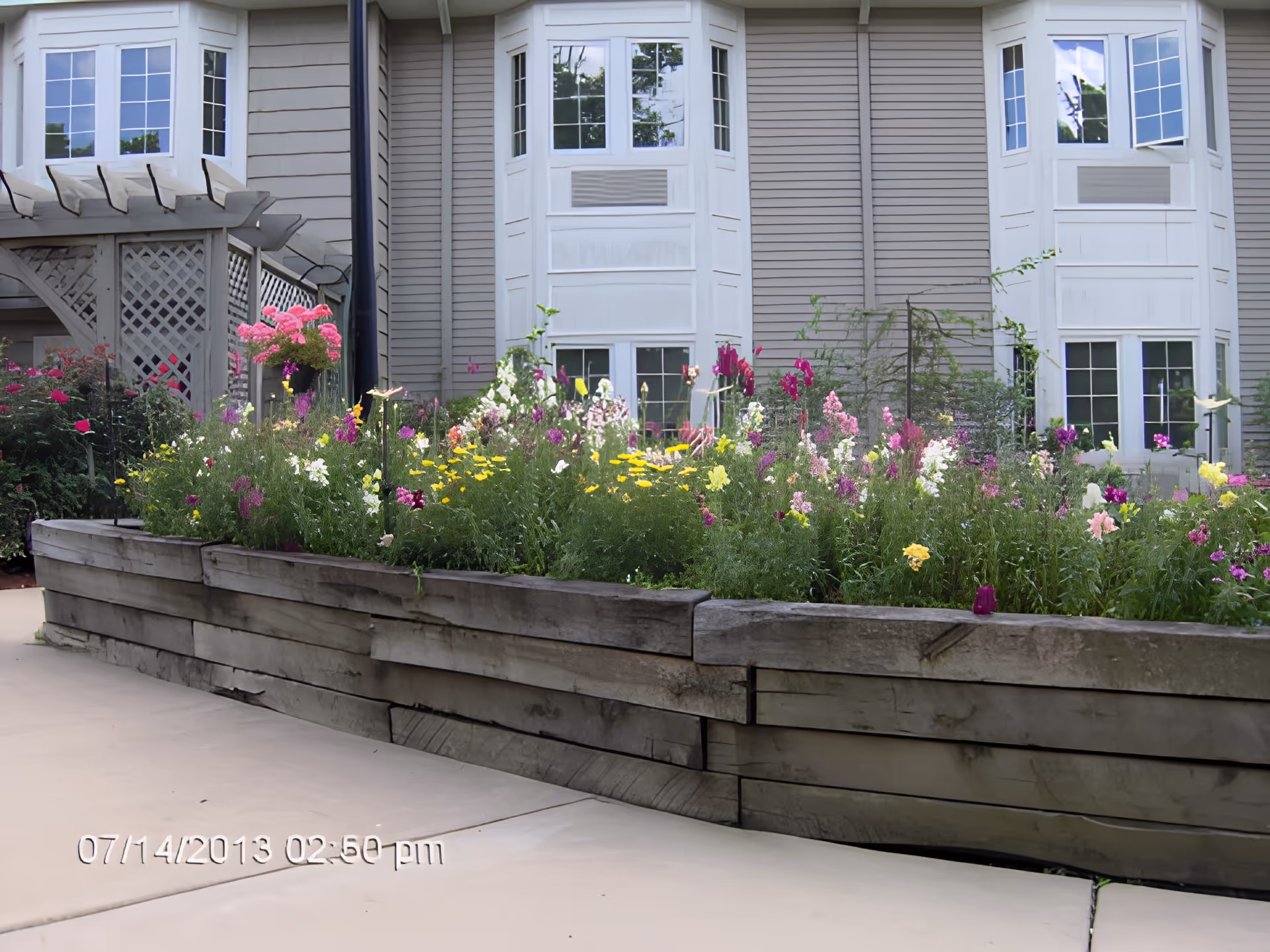 Raised garden bed filled with colorful flowers in front of a senior living facility building with multiple windows and beige siding.