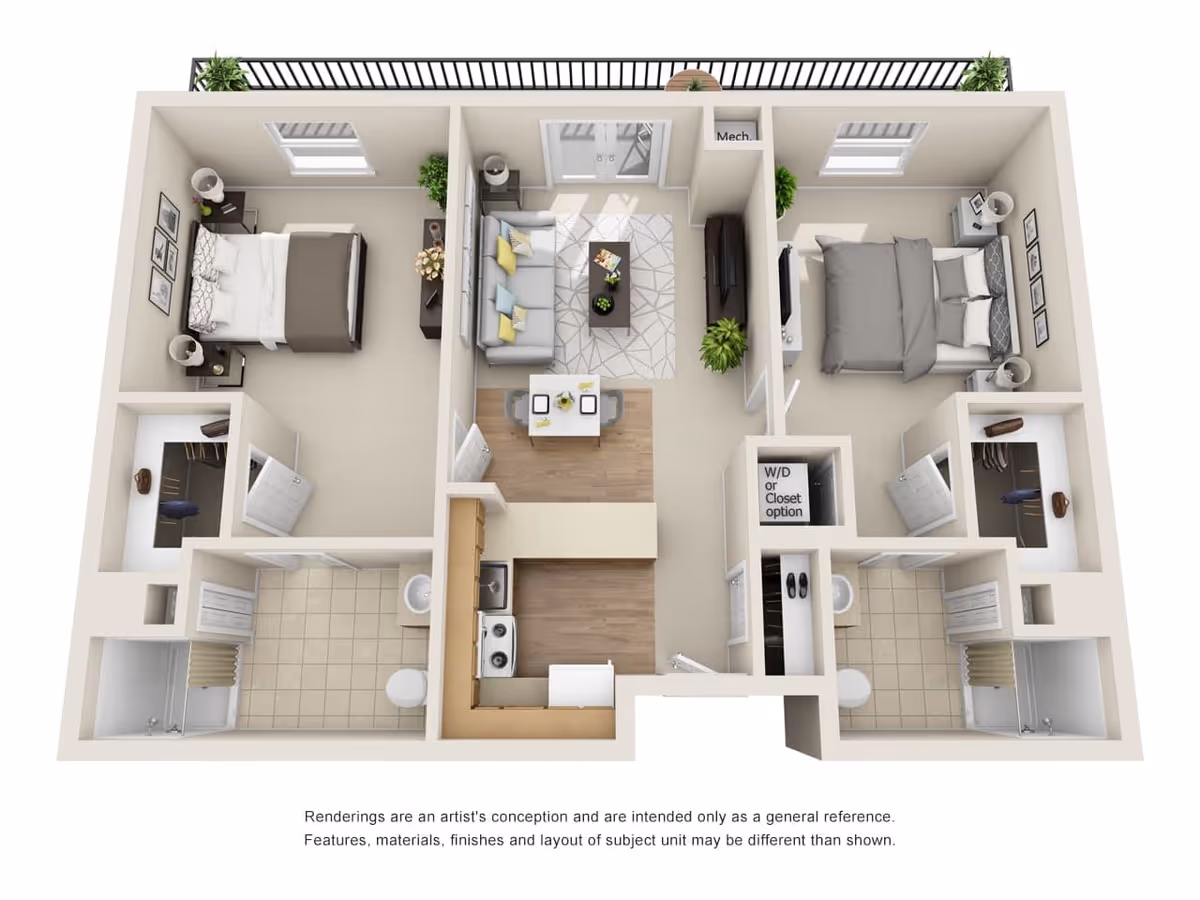 3D floor plan of a two-bedroom apartment featuring two bedrooms each with a bed, nightstands, and closets. The apartment includes two bathrooms with showers, a kitchen with appliances, a dining area with a table and chairs, and a living room with a sofa, coffee table, and TV. There is a balcony accessible from the living room.