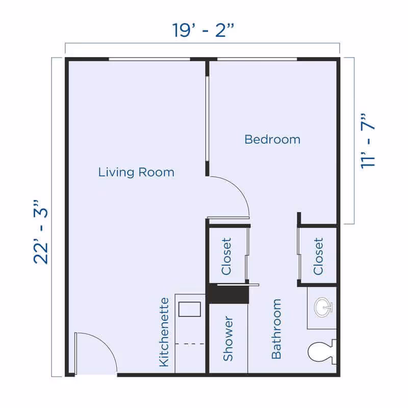 Floor plan layout of a senior living unit at Carlton Senior Living San Jose showing a living room, kitchenette, bedroom, bathroom with shower, and two closets with dimensions.
