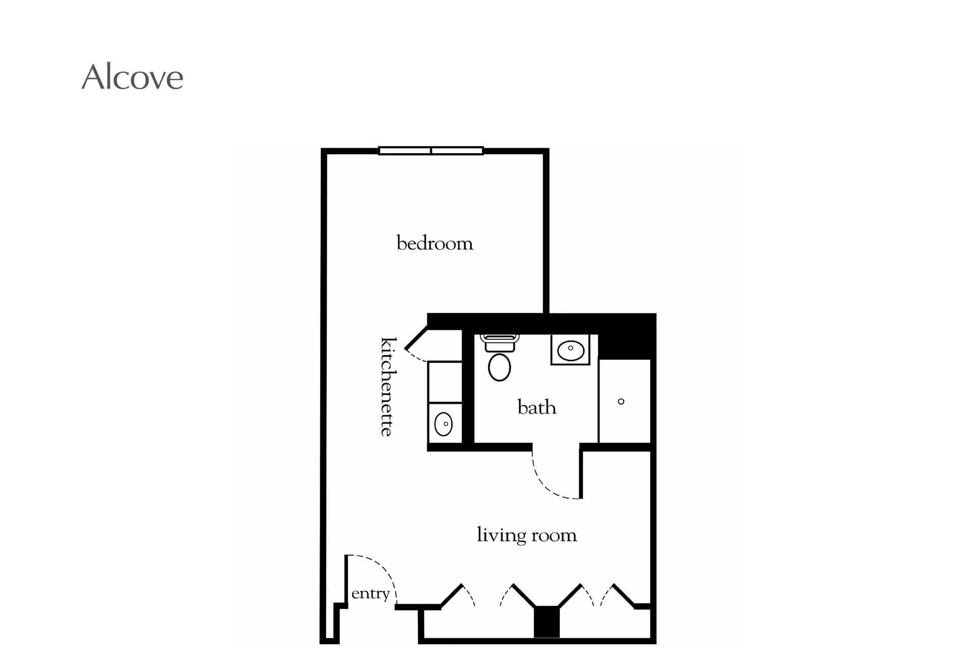 Floor plan layout of an alcove apartment at Atria Marland Place showing an entry leading into a living room, a kitchenette adjacent to the living room, a bathroom with a toilet, sink, and shower, and a separate bedroom area.