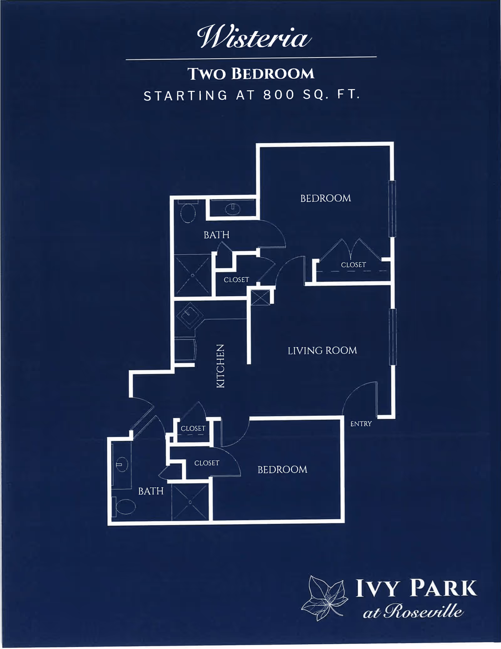 Floor plan of a two-bedroom apartment named Wisteria at Ivy Park at Roseville, showing two bedrooms, two bathrooms, a kitchen, a living room, closets, and an entry area, with a total area starting at 800 square feet.
