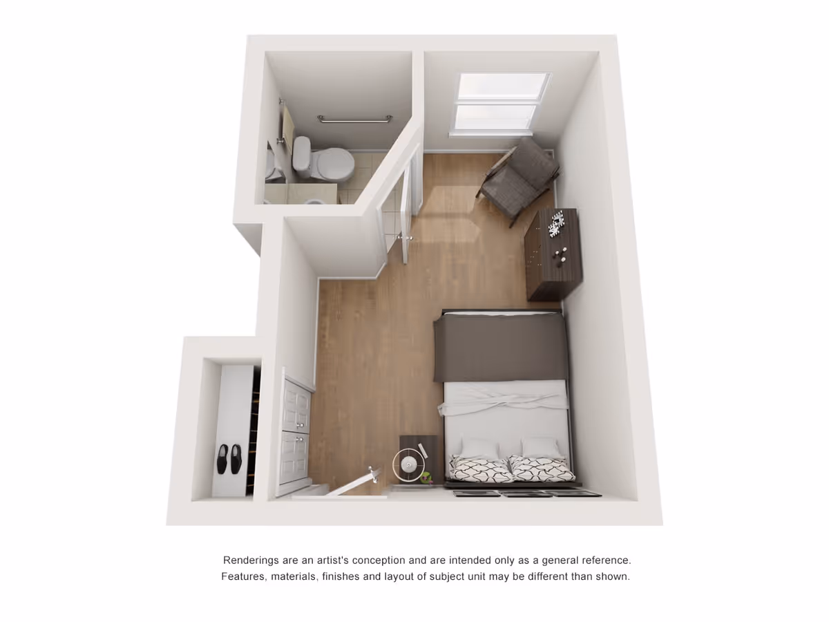 3D floor plan rendering of a small bedroom with a bed, nightstand, armchair, dresser, and an attached bathroom with a toilet and shower.
