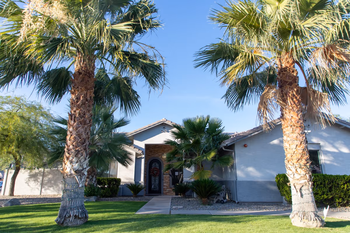 Front exterior view of a single-story building with a tiled roof, surrounded by palm trees and green grass under a clear blue sky.