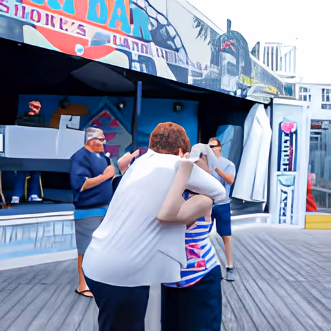 Two people embracing in the foreground on a wooden deck outside a building with a colorful mural and signage. Two other people stand nearby, one holding a microphone and another taking a photo or video. The setting appears to be an outdoor social or recreational area.