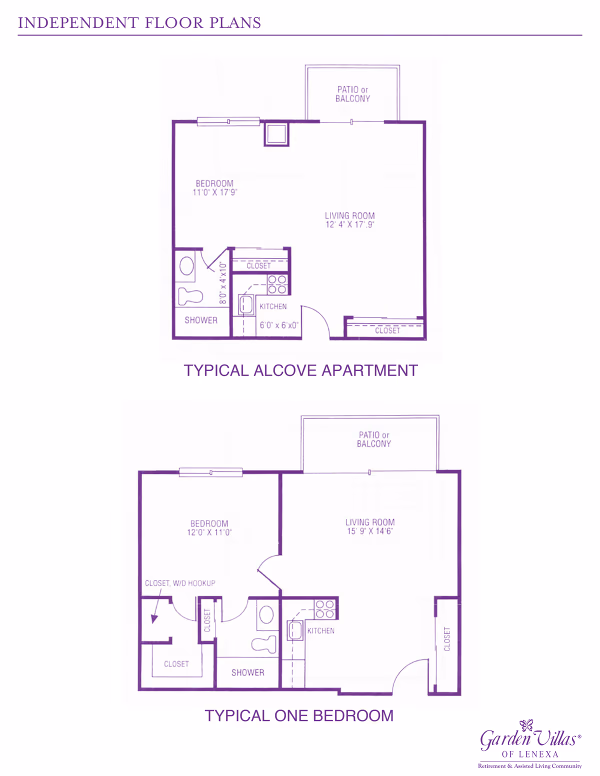 Architectural floor plans for two types of apartments at Garden Villas Of Lenexa. The first plan is labeled Typical Alcove Apartment, showing a bedroom, living room, kitchen, shower, closets, and a patio or balcony. The second plan is labeled Typical One Bedroom, showing a bedroom with closet and washer/dryer hookup, living room, kitchen, shower, multiple closets, and a patio or balcony.