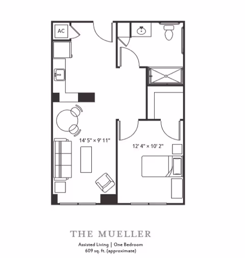 Floor plan of The Mueller, an assisted living one-bedroom apartment with approximately 609 square feet. The layout includes a living room with seating and a table, a kitchen area, a bedroom with a bed and nightstand, and a bathroom with a sink, toilet, and shower.