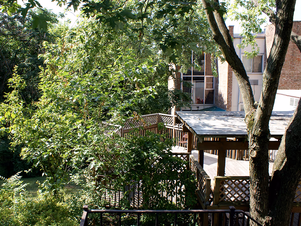 Outdoor area with lush green trees and bushes surrounding a wooden deck with a pergola. In the background, part of a brick building with windows is visible.