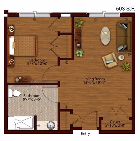 Floor plan of a 503 square feet apartment at Harmony at Harts Run showing a bedroom, living room, bathroom, closet, and entry area with furniture placement and room dimensions.