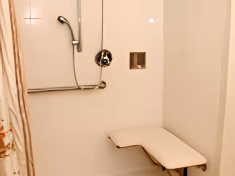 A bathroom shower area with a wall-mounted showerhead, a grab bar, and a foldable shower seat attached to the wall. The walls are light-colored, and there is a small recessed shelf for toiletries.