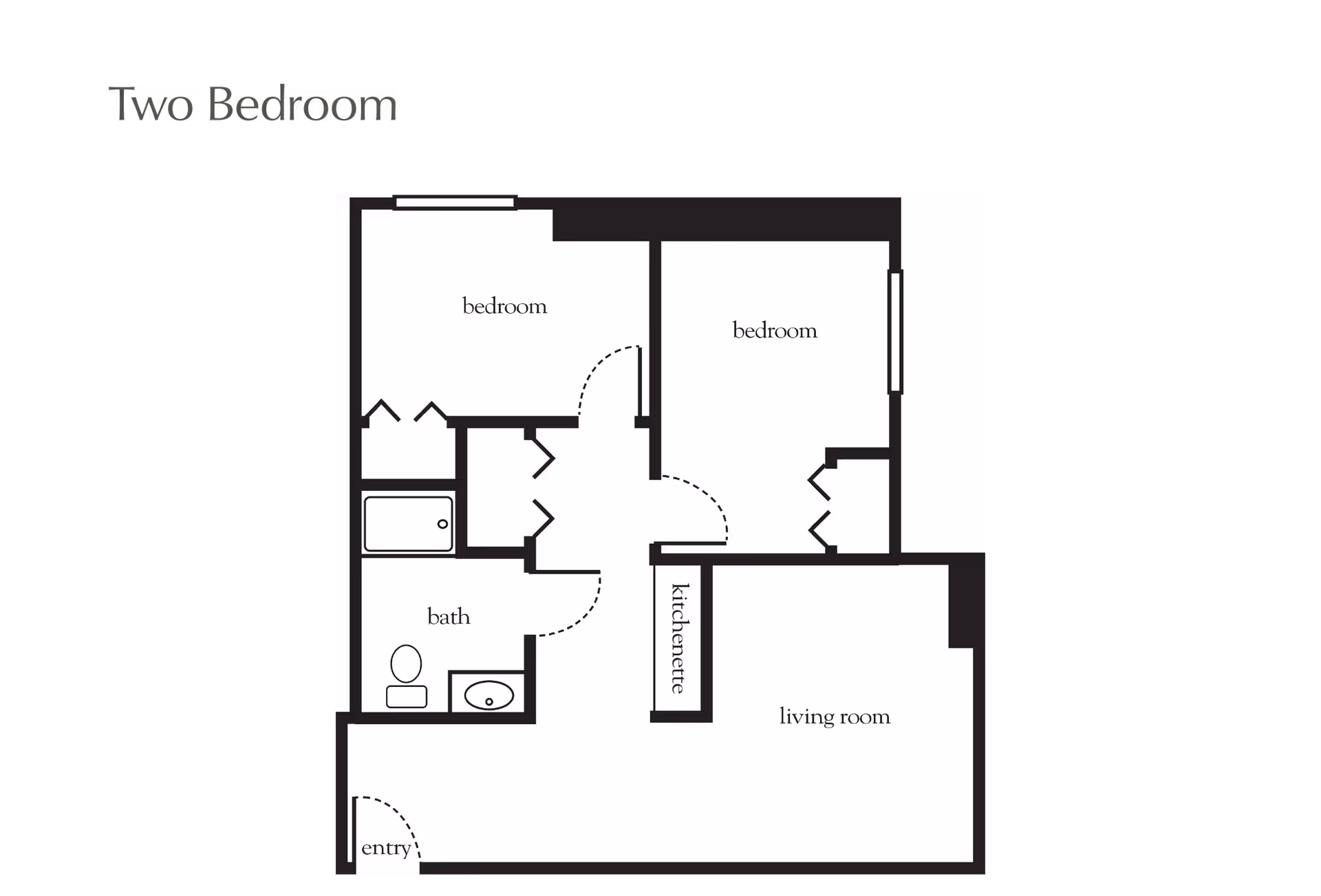 Floor plan layout of a two-bedroom unit at Atria Evergreen Valley showing two bedrooms, a bath, kitchenette, living room, and entry area.