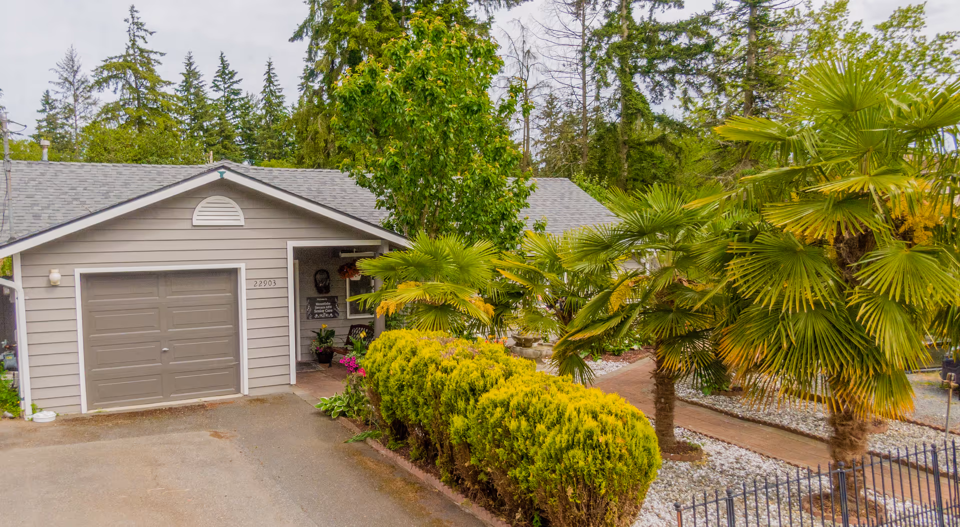 Exterior view of a single-story adult family home with gray siding and a gray garage door. The driveway leads to the garage, and there is a small covered porch area with plants and a sign. The yard features green bushes, palm trees, and other greenery with a paved walkway and a gravel area. Tall trees are visible in the background.