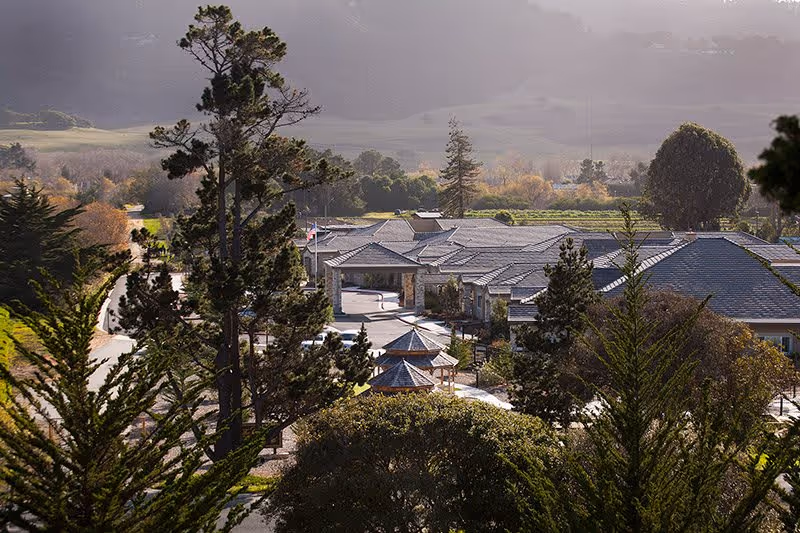 Aerial view of The Cottages of Carmel facility surrounded by trees and greenery with a mountainous background under a hazy sky.