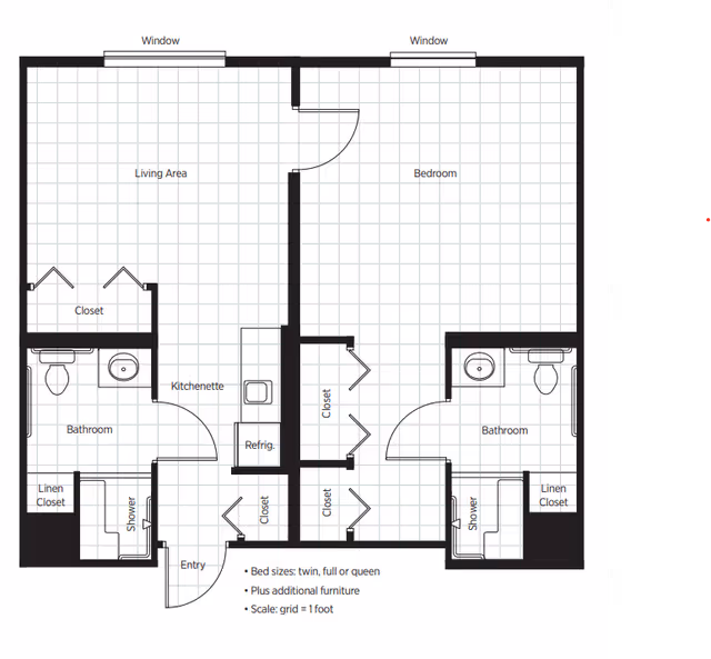 Architectural floor plan of a senior living unit at Belmont Village Senior Living San Jose, showing a layout with a living area, kitchenette, bedroom, two bathrooms with showers, closets, linen closets, and entry. The scale grid represents 1 foot per square.