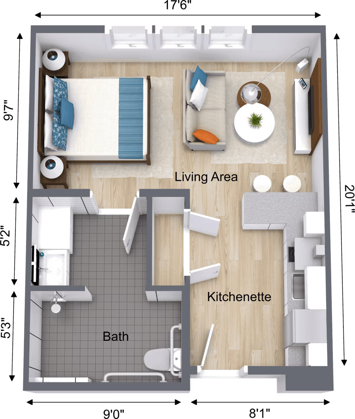 Top-down floor plan of a small apartment unit showing a living area with a sofa, coffee table, and TV, a kitchenette with a counter and appliances, a bedroom with a bed and nightstands, and a bathroom with a toilet, sink, and shower.